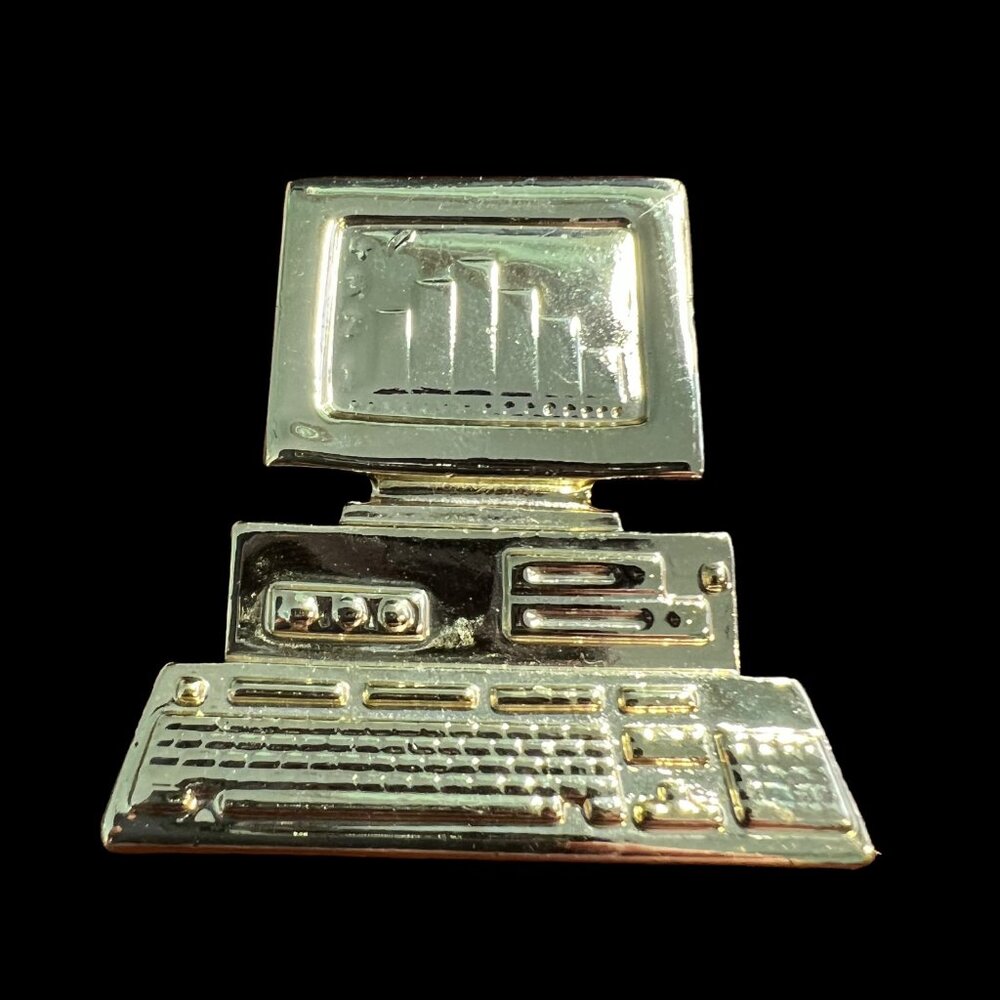 AJC Desktop Computer‎ Brooch Gold Toned Nostalgic Vintage Lapel Pin